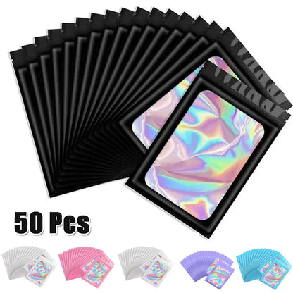 50Pcs Translucent Smell Proof Mylar Bags Resealable Odor Proof Bags Holographic Packaging Pouch Bag with Clear Window for Food