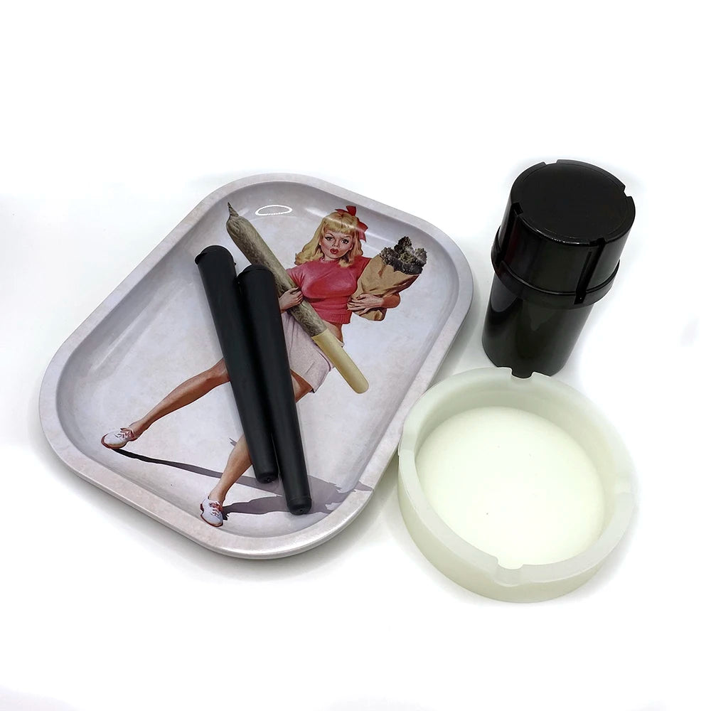 Tobacco Metal Rolling Tray Cigarette Plastic Grass Grinder Storage Tube Container Silicone Round Ashtray Smoking Set