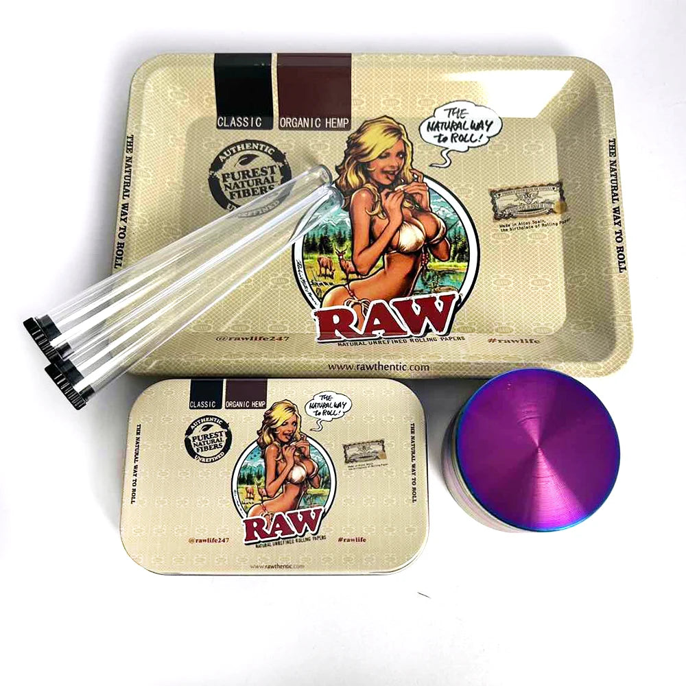 5 Packs Tobacco Kit Set 115mm Plastic Tobacco Storage Tube Box Container Herb Grinder Crusher Herbal Metal Rolling Tray Smoke