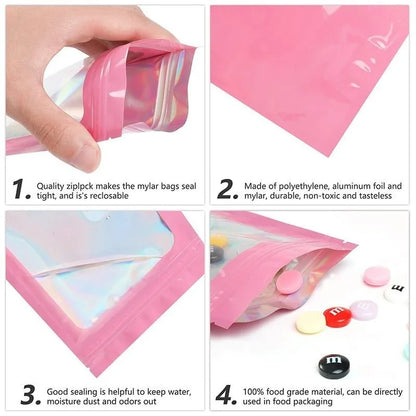 50Pcs Translucent Smell Proof Mylar Bags Resealable Odor Proof Bags Holographic Packaging Pouch Bag with Clear Window for Food